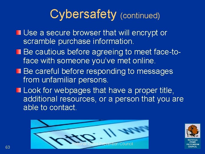 Cybersafety (continued) Use a secure browser that will encrypt or scramble purchase information. Be
