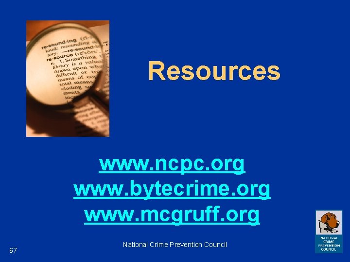 Resources www. ncpc. org www. bytecrime. org www. mcgruff. org 67 National Crime Prevention