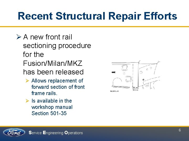 Recent Structural Repair Efforts Ø A new front rail sectioning procedure for the Fusion/Milan/MKZ