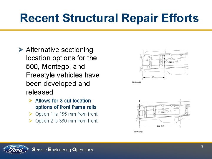 Recent Structural Repair Efforts Ø Alternative sectioning location options for the 500, Montego, and