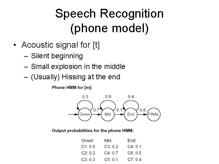 Speech Recognition (phone model) • Acoustic signal for [t] – Silent beginning – Small