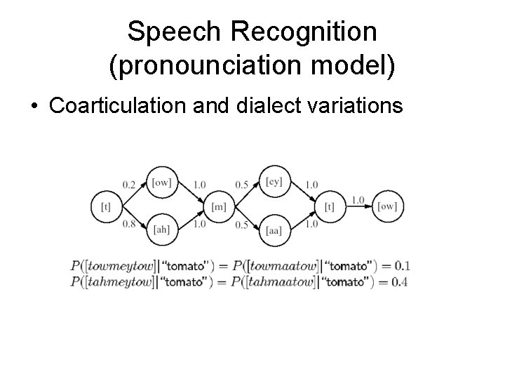 Speech Recognition (pronounciation model) • Coarticulation and dialect variations 