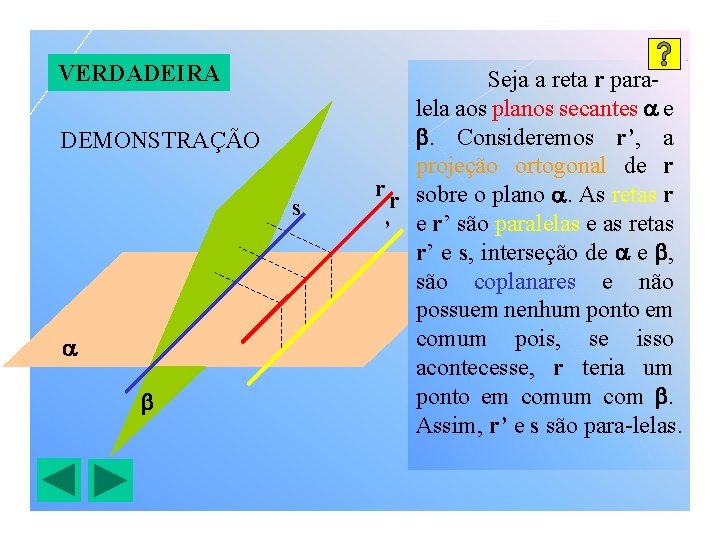 VERDADEIRA DEMONSTRAÇÃO s Seja a reta r paralela aos planos secantes e . Consideremos