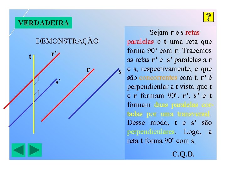 VERDADEIRA DEMONSTRAÇÃO t r’ r s’ Sejam r e s retas paralelas e t