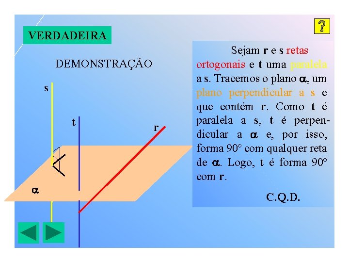 VERDADEIRA DEMONSTRAÇÃO s t r Sejam r e s retas ortogonais e t uma