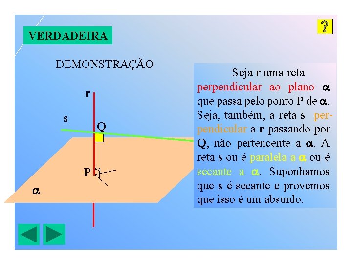 VERDADEIRA DEMONSTRAÇÃO r s Q P Seja r uma reta perpendicular ao plano que