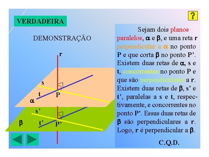 VERDADEIRA DEMONSTRAÇÃO r s t P s’ t’ P’ Sejam dois planos paralelos, e