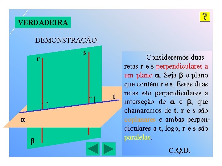 VERDADEIRA DEMONSTRAÇÃO r s t Consideremos duas retas r e s perpendiculares a um