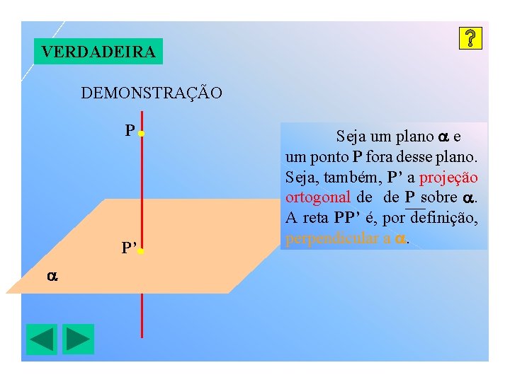 VERDADEIRA DEMONSTRAÇÃO P P’ Seja um plano e um ponto P fora desse plano.