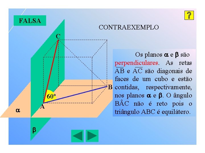 FALSA CONTRAEXEMPLO C 60º A Os planos e são perpendiculares. As retas AB e