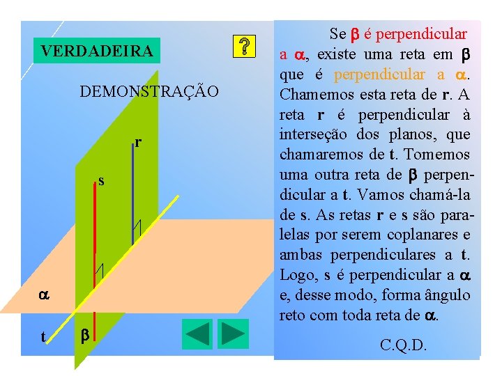 VERDADEIRA DEMONSTRAÇÃO r s t Se é perpendicular a , existe uma reta em