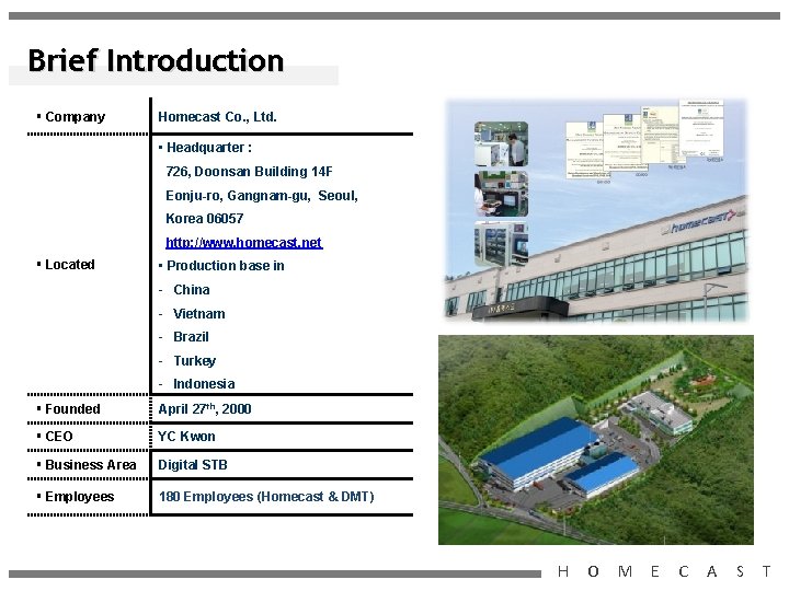 Brief Introduction § Company Homecast Co. , Ltd. • Headquarter : 726, Doonsan Building