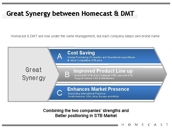 Great Synergy between Homecast & DMT are now under the same Management, but each