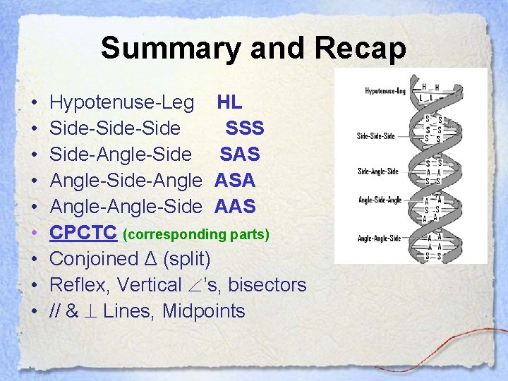 Summary and Recap • • • Hypotenuse-Leg HL Side-Side SSS Side-Angle-Side SAS Angle-Side-Angle ASA