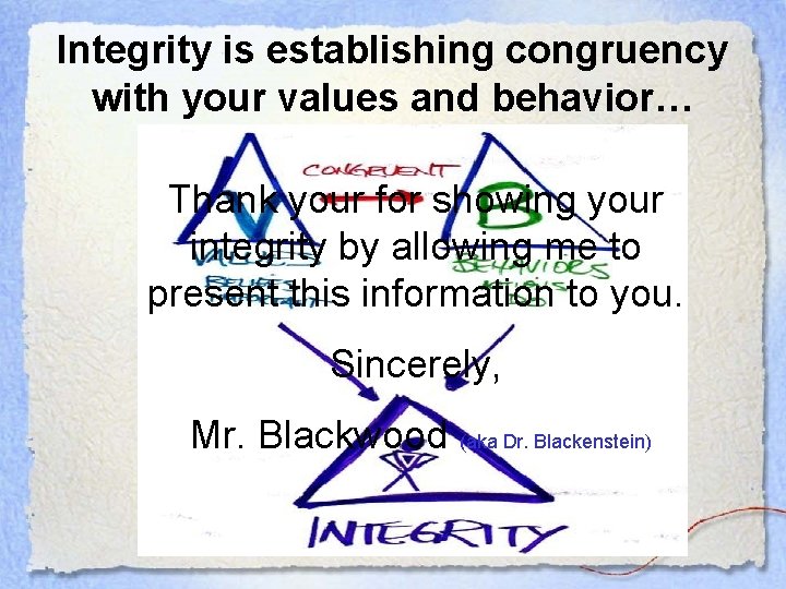 Integrity is establishing congruency with your values and behavior… Thank your for showing your