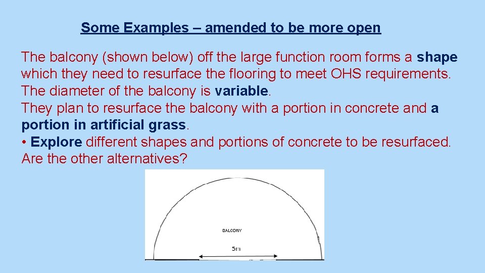 Some Examples – amended to be more open The balcony (shown below) off the