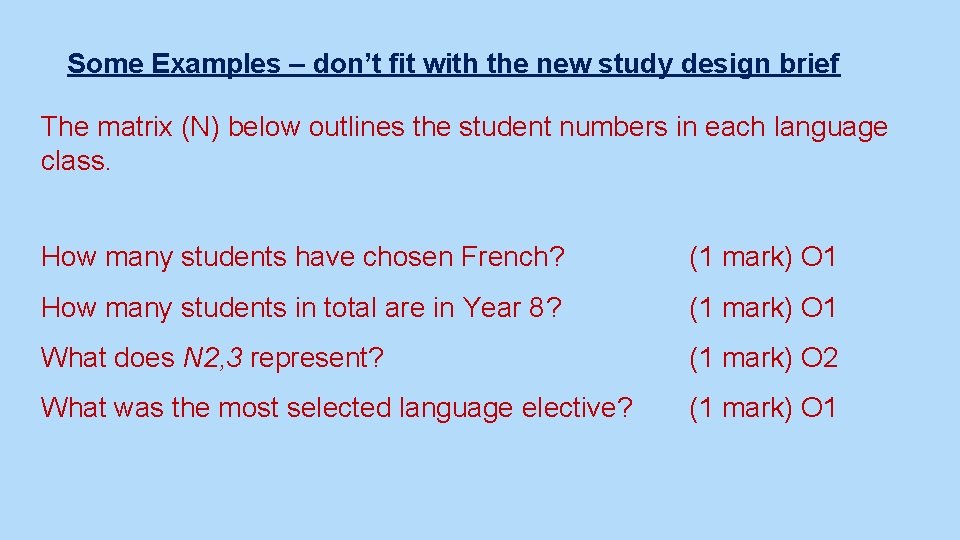 Some Examples – don’t fit with the new study design brief The matrix (N)
