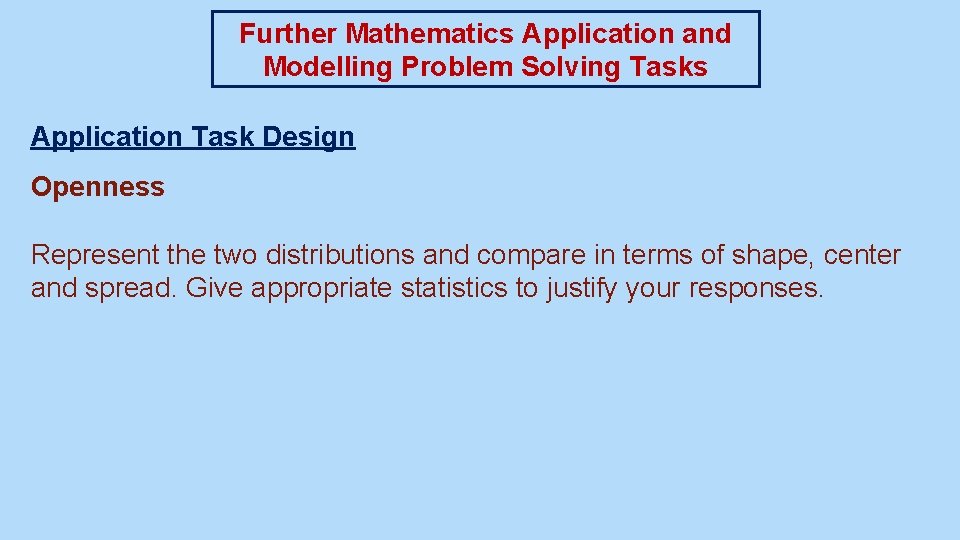 Further Mathematics Application and Modelling Problem Solving Tasks Application Task Design Openness Represent the