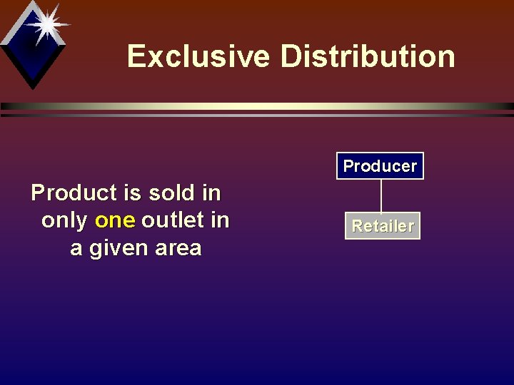 Exclusive Distribution Producer Product is sold in only one outlet in a given area