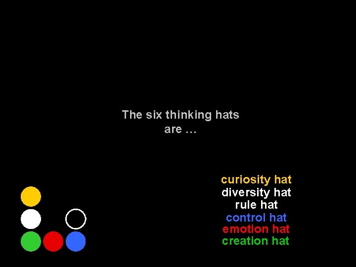 The six thinking hats are … curiosity hat diversity hat rule hat control hat