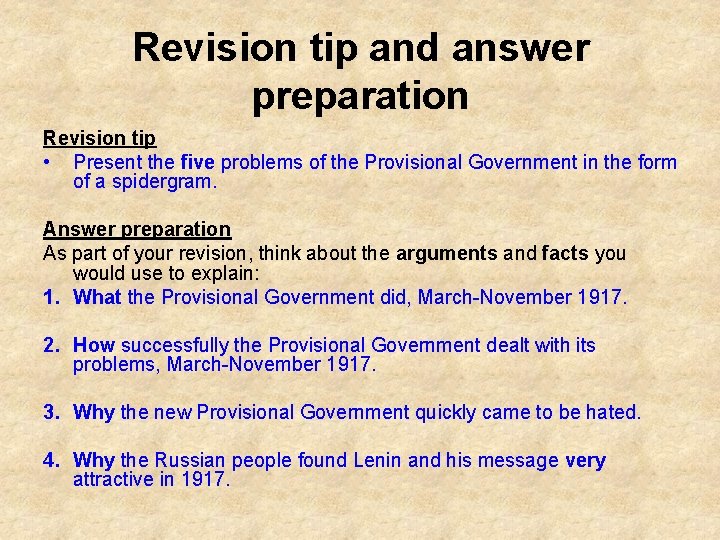 Revision tip and answer preparation Revision tip • Present the five problems of the