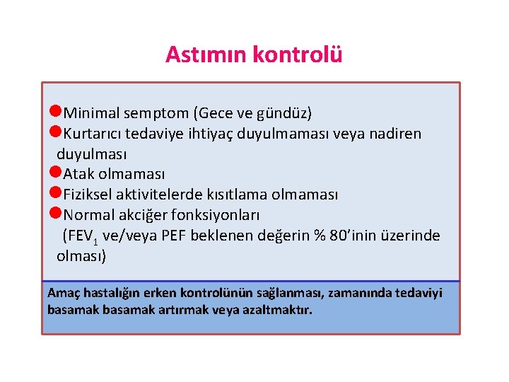 Astımın kontrolü l. Minimal semptom (Gece ve gündüz) l. Kurtarıcı tedaviye ihtiyaç duyulmaması veya