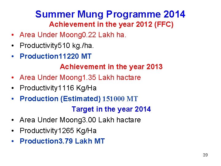 Summer Mung Programme 2014 • • • Achievement in the year 2012 (FFC) Area