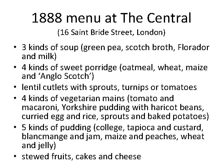1888 menu at The Central (16 Saint Bride Street, London) • 3 kinds of