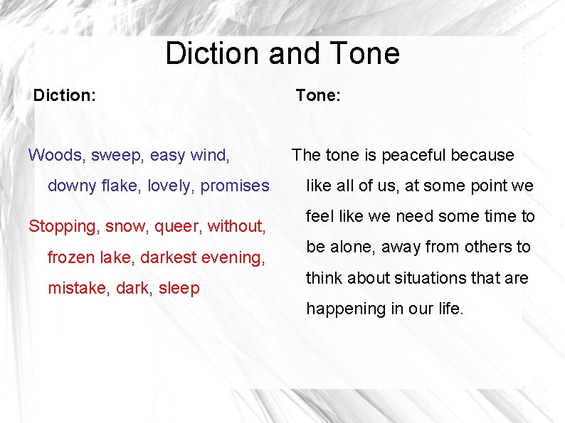 Diction and Tone Diction: Woods, sweep, easy wind, downy flake, lovely, promises Stopping, snow,