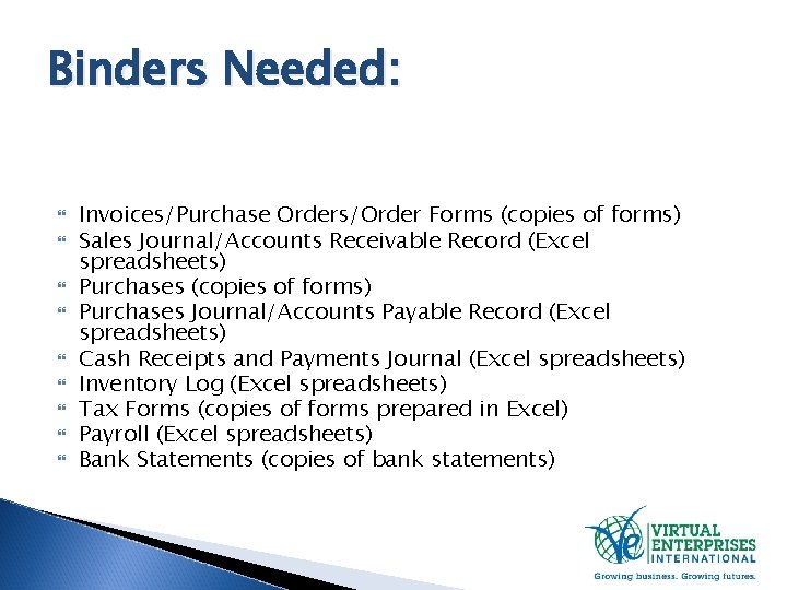 Binders Needed: Invoices/Purchase Orders/Order Forms (copies of forms) Sales Journal/Accounts Receivable Record (Excel spreadsheets)