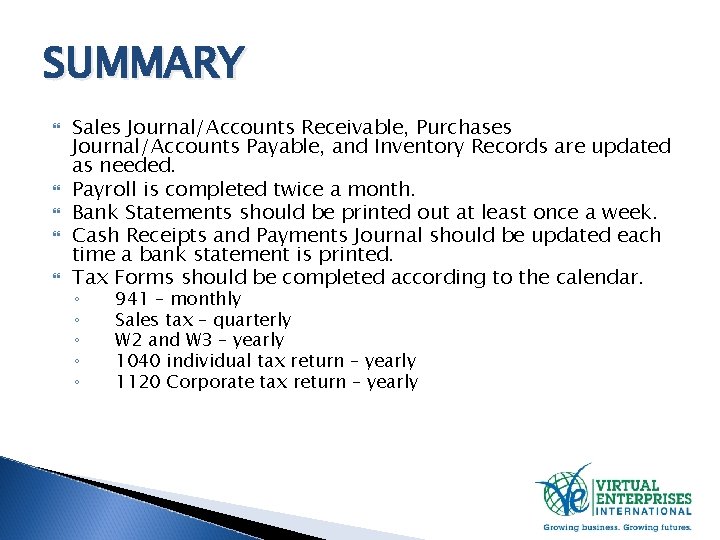 SUMMARY Sales Journal/Accounts Receivable, Purchases Journal/Accounts Payable, and Inventory Records are updated as needed.