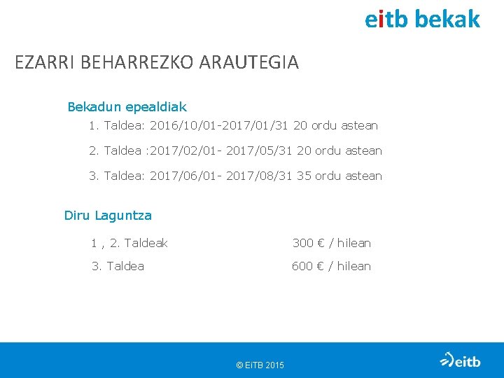 eitb bekak EZARRI BEHARREZKO ARAUTEGIA Bekadun epealdiak 1. Taldea: 2016/10/01 -2017/01/31 20 ordu astean