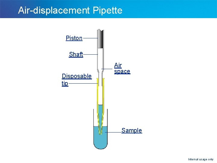 Air-displacement Pipette Piston Shaft Disposable tip Air space Sample Internal usage only 
