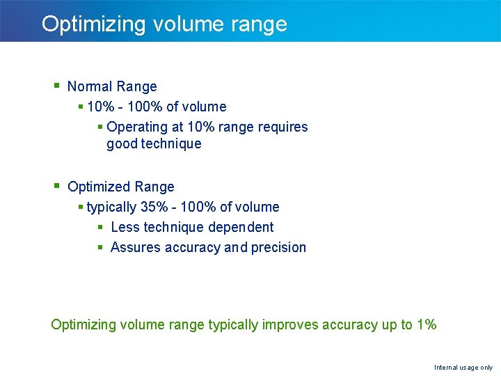 Optimizing volume range § Normal Range § 10% - 100% of volume § Operating