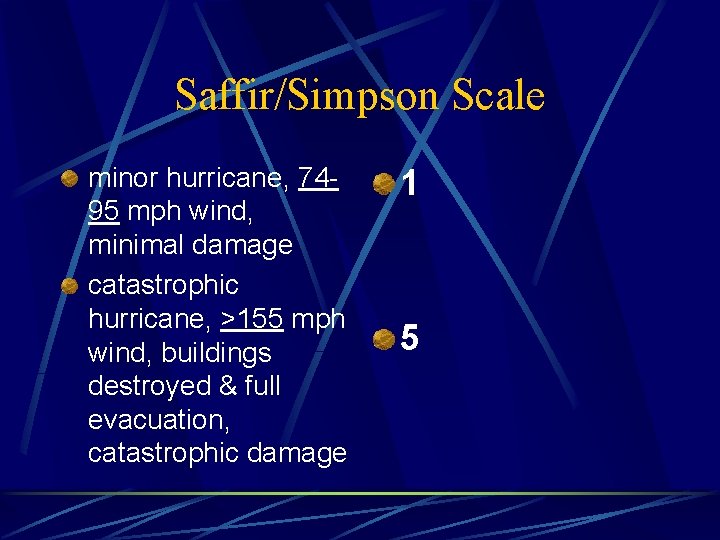 Saffir/Simpson Scale minor hurricane, 7495 mph wind, minimal damage catastrophic hurricane, >155 mph wind,