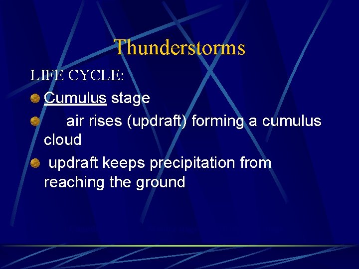 Thunderstorms LIFE CYCLE: Cumulus stage air rises (updraft) forming a cumulus cloud updraft keeps