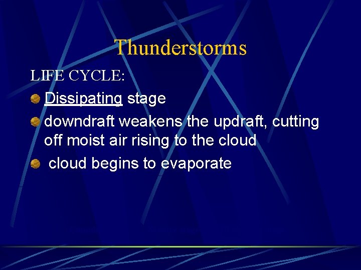 Thunderstorms LIFE CYCLE: Dissipating stage downdraft weakens the updraft, cutting off moist air rising