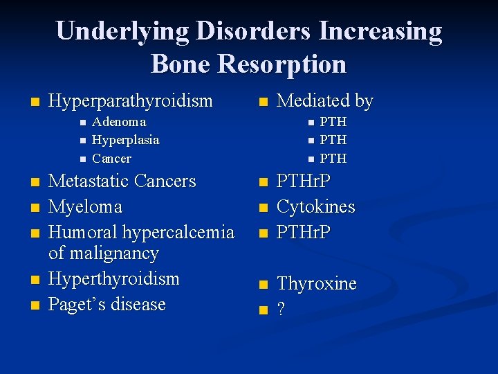 Underlying Disorders Increasing Bone Resorption n Hyperparathyroidism n n n n n Adenoma Hyperplasia