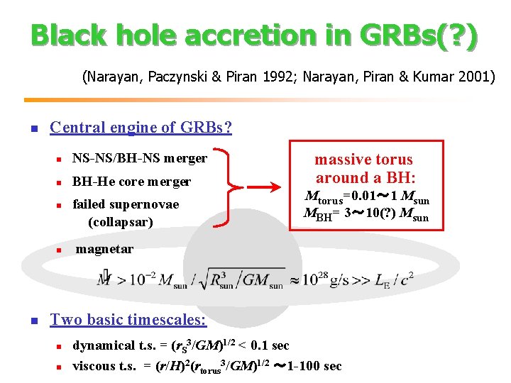 Black hole accretion in GRBs(? ) (Narayan, Paczynski & Piran 1992; Narayan, Piran &
