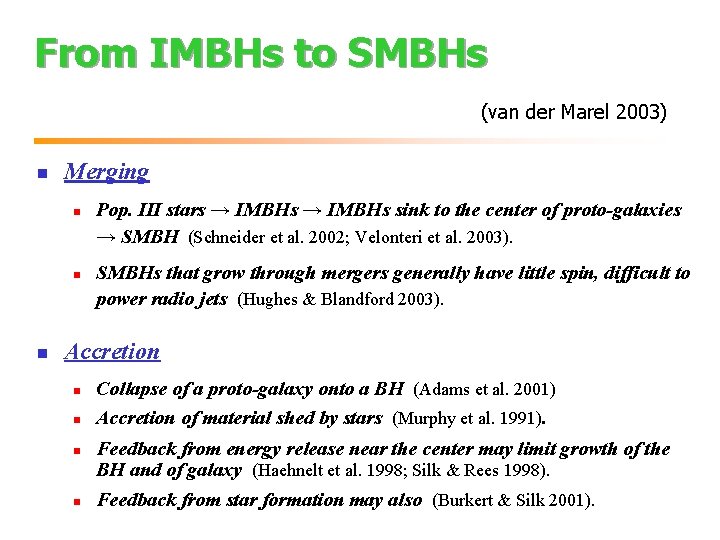 From IMBHs to SMBHs (van der Marel 2003) n Merging n n n Pop.