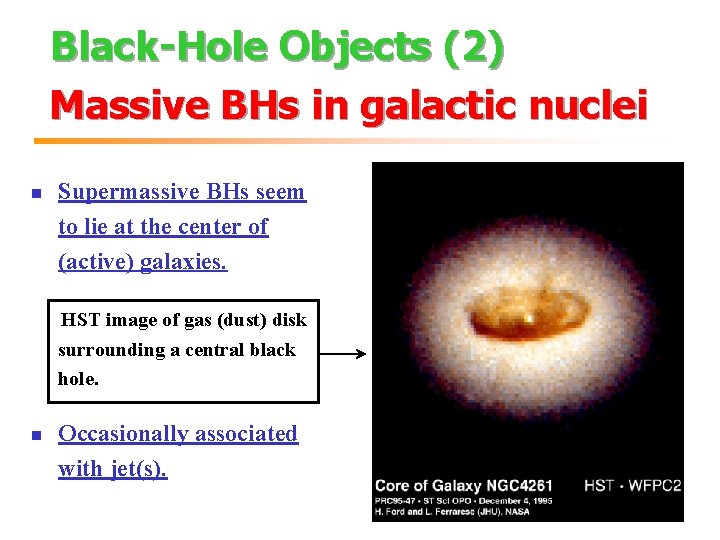 Black-Hole Objects (2) Massive BHs in galactic nuclei n Supermassive BHs seem to lie
