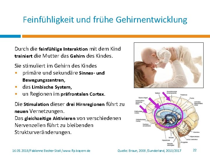 Feinfühligkeit und frühe Gehirnentwicklung Durch die feinfühlige Interaktion mit dem Kind trainiert die Mutter