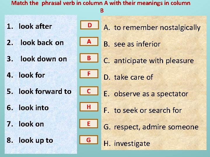 Match the phrasal verb in column A with their meanings in column B 1.