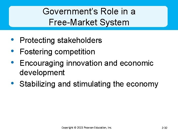 Government’s Role in a Free-Market System • Protecting stakeholders • Fostering competition • Encouraging