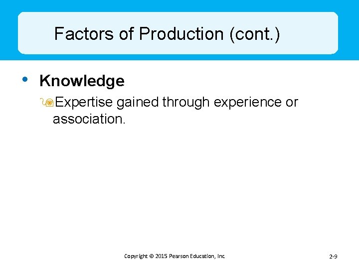 Factors of Production (cont. ) • Knowledge 9 Expertise gained through experience or association.