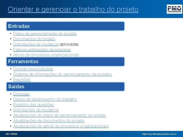 Orientar e gerenciar o trabalho do projeto Entradas • • • Plano de gerenciamento