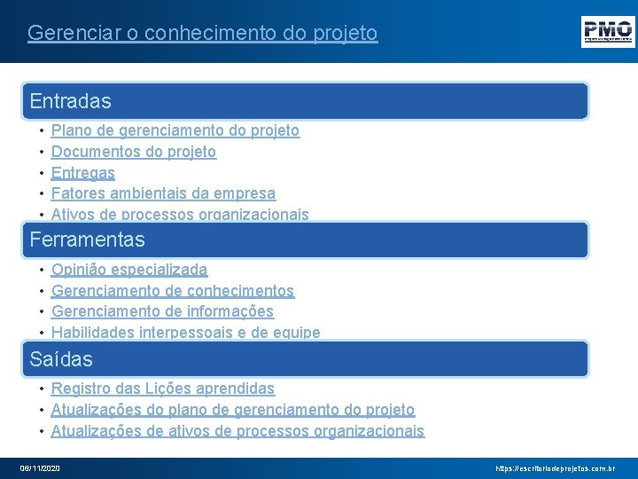 Gerenciar o conhecimento do projeto Entradas • • • Plano de gerenciamento do projeto