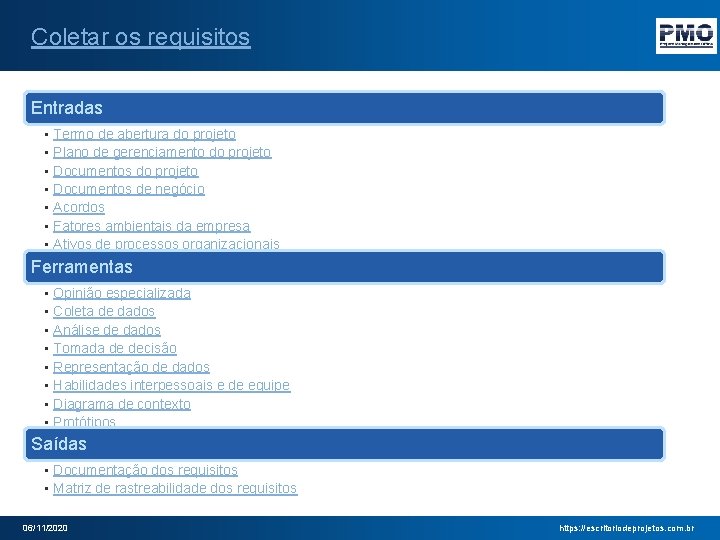 Coletar os requisitos Entradas • Termo de abertura do projeto • Plano de gerenciamento