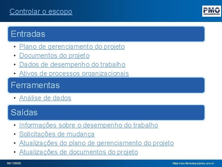 Controlar o escopo Entradas • • Plano de gerenciamento do projeto Documentos do projeto