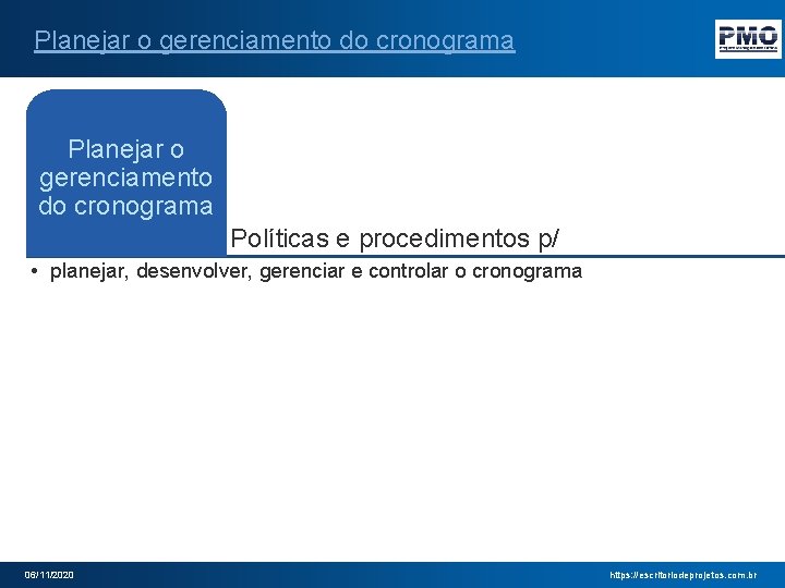 Planejar o gerenciamento do cronograma Políticas e procedimentos p/ • planejar, desenvolver, gerenciar e